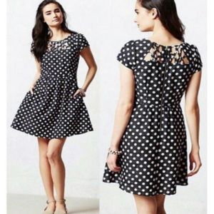 Anthropologie black polka dot dress with pockets and back exposed zipper